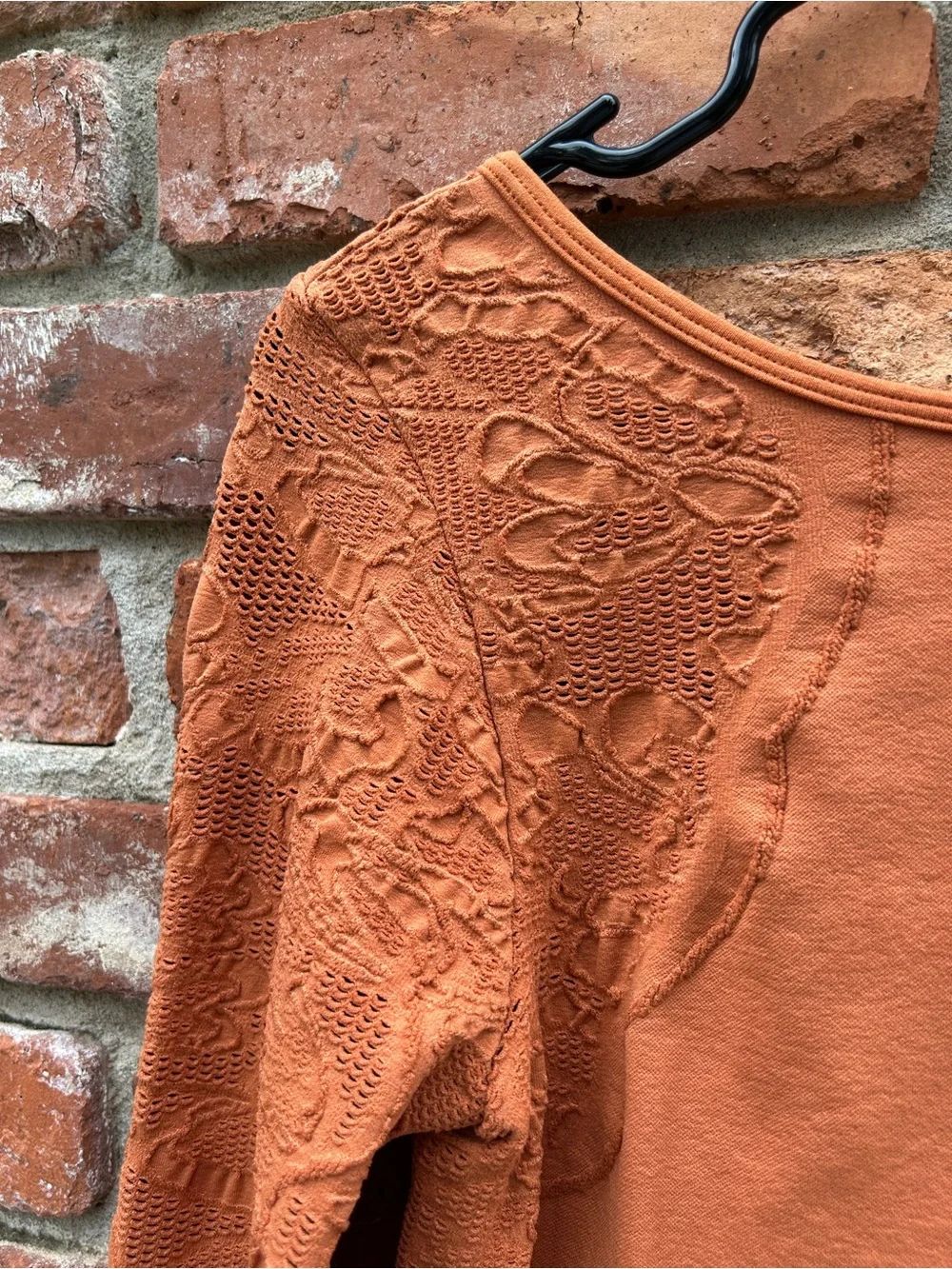 Anthropologie Lace-Trim Long-Sleeve Top in Rust Orange L Stretch Scoop Back NEW